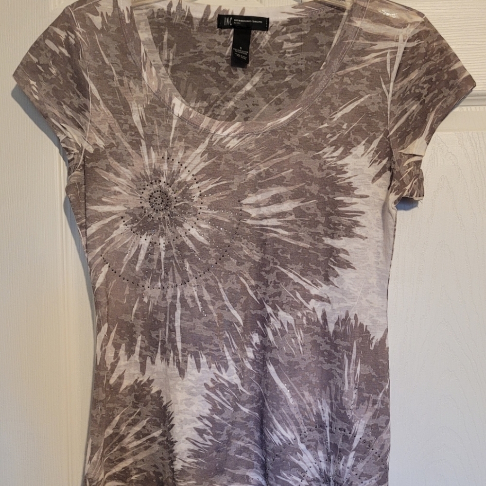 I.N.C Sheer Short Sleeve Top w/Rhinestone Designs